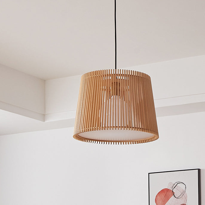 Traditional Japanese Linden Wood & Acrylic Barrel-Shaped 1-Light Pendant Light For Bedroom & Living Room