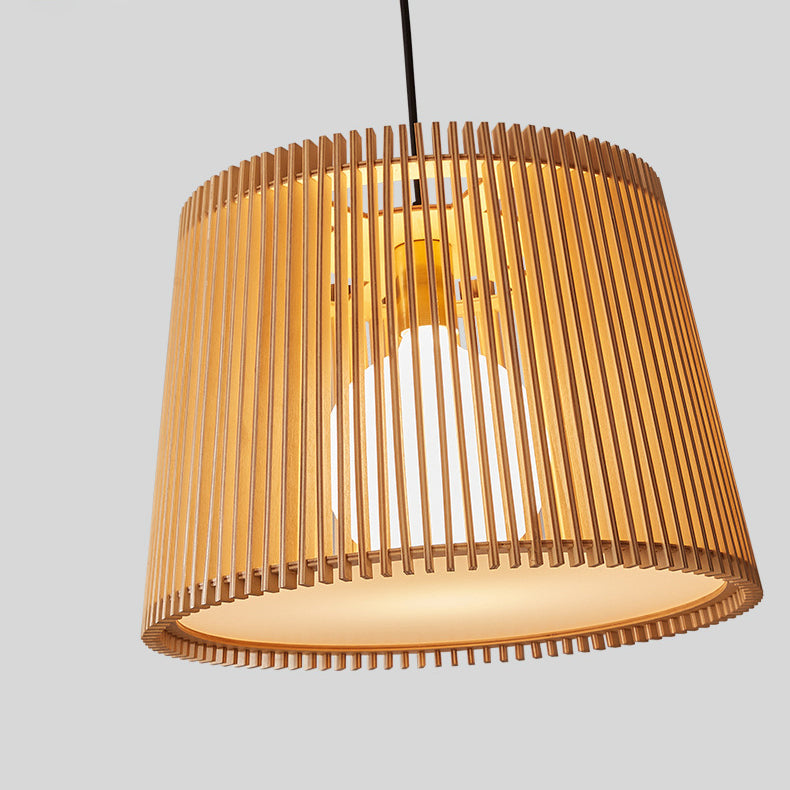 Traditional Japanese Linden Wood & Acrylic Barrel-Shaped 1-Light Pendant Light For Bedroom & Living Room