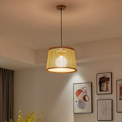 Traditional Japanese Linden Wood & Acrylic Barrel-Shaped 1-Light Pendant Light For Bedroom & Living Room