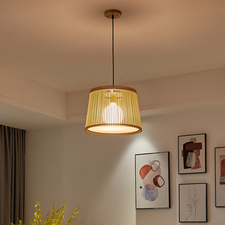 Traditional Japanese Linden Wood & Acrylic Barrel-Shaped 1-Light Pendant Light For Bedroom & Living Room