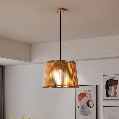 Traditional Japanese Linden Wood & Acrylic Barrel-Shaped 1-Light Pendant Light For Bedroom & Living Room