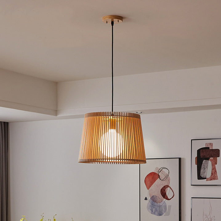 Traditional Japanese Linden Wood & Acrylic Barrel-Shaped 1-Light Pendant Light For Bedroom & Living Room
