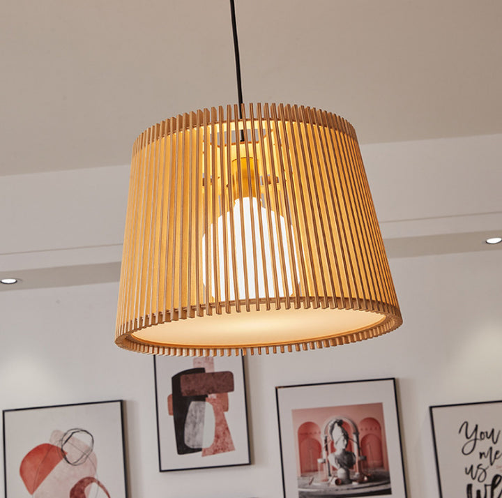 Lámpara colgante de 1 luz con forma de barril de madera de tilo japonesa tradicional y acrílico para dormitorio y sala de estar 