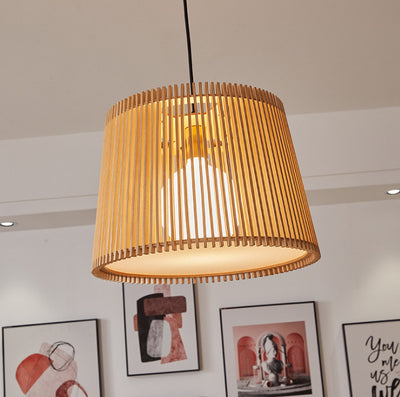 Traditional Japanese Linden Wood & Acrylic Barrel-Shaped 1-Light Pendant Light For Bedroom & Living Room