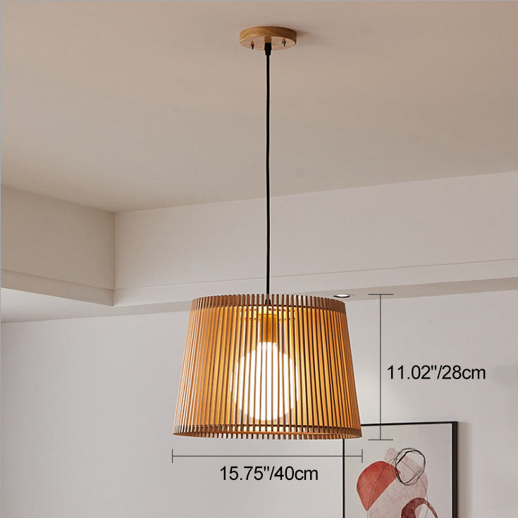 Traditional Japanese Linden Wood & Acrylic Barrel-Shaped 1-Light Pendant Light For Bedroom & Living Room