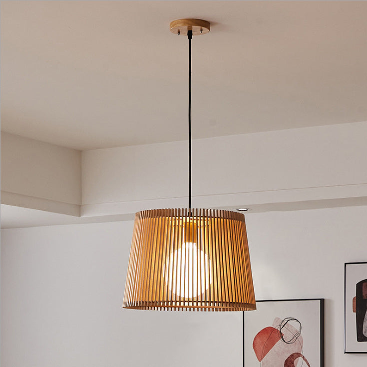 Traditional Japanese Linden Wood & Acrylic Barrel-Shaped 1-Light Pendant Light For Bedroom & Living Room