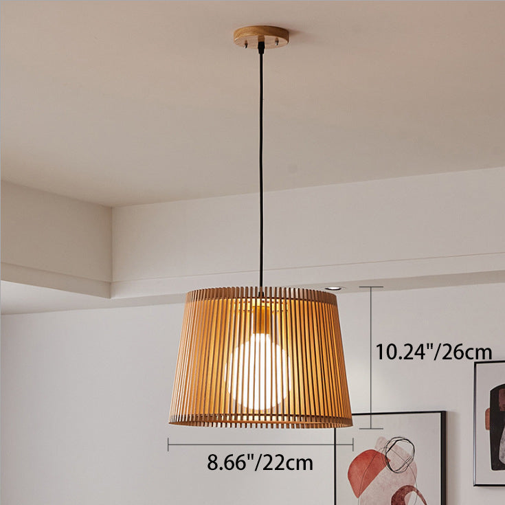 Traditional Japanese Linden Wood & Acrylic Barrel-Shaped 1-Light Pendant Light For Bedroom & Living Room