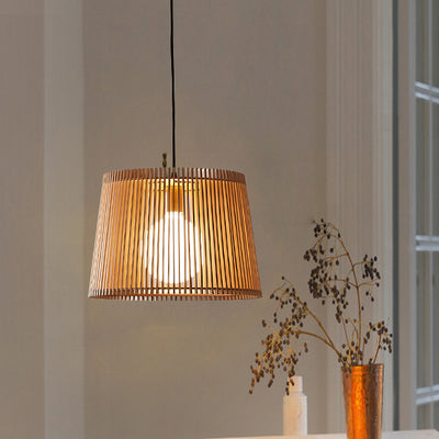 Traditional Japanese Linden Wood & Acrylic Barrel-Shaped 1-Light Pendant Light For Bedroom & Living Room