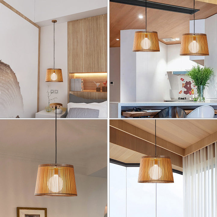 Traditional Japanese Linden Wood & Acrylic Barrel-Shaped 1-Light Pendant Light For Bedroom & Living Room