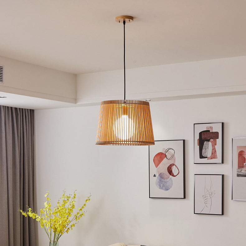 Traditional Japanese Linden Wood & Acrylic Barrel-Shaped 1-Light Pendant Light For Bedroom & Living Room