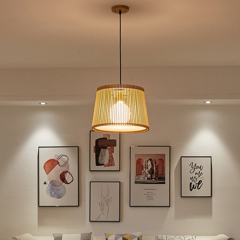 Traditional Japanese Linden Wood & Acrylic Barrel-Shaped 1-Light Pendant Light For Bedroom & Living Room