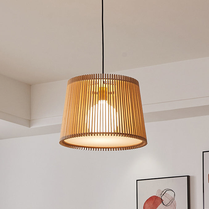 Traditional Japanese Linden Wood & Acrylic Barrel-Shaped 1-Light Pendant Light For Bedroom & Living Room