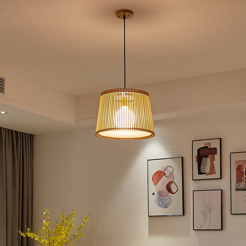 Traditional Japanese Linden Wood & Acrylic Barrel-Shaped 1-Light Pendant Light For Bedroom & Living Room