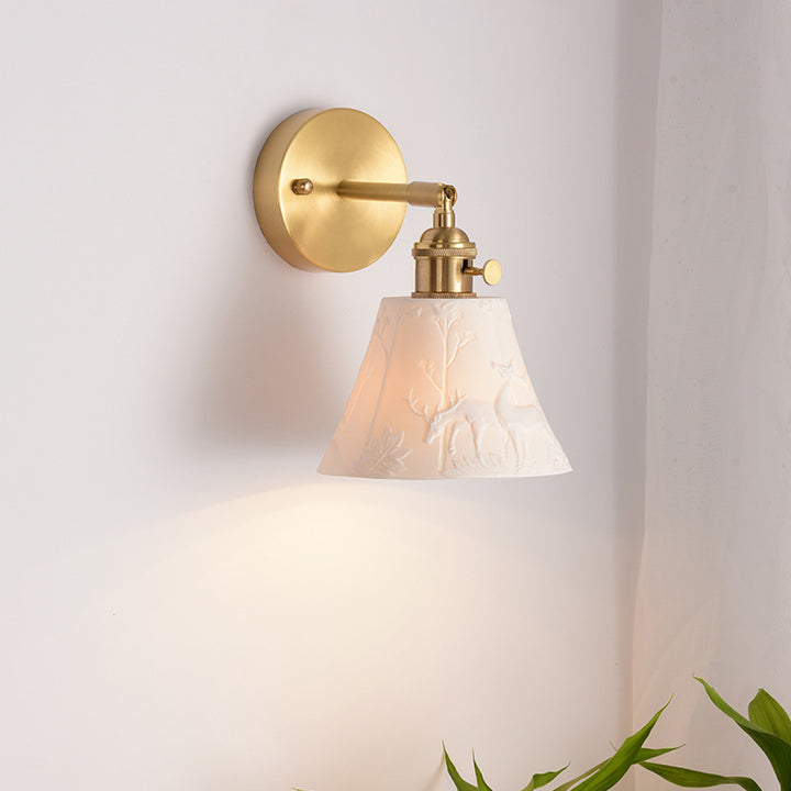 Modern Mid-Century Brass &amp; Ceramic Round Elk-Print 1-Light Wall Sconce Lamp For Bedroom &amp; Living Room