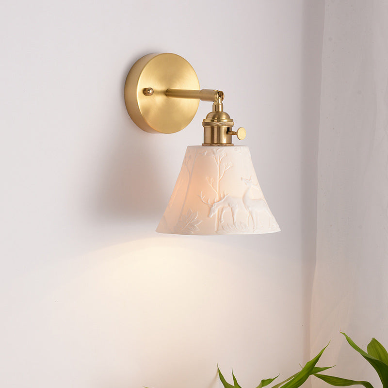 Modern Mid-Century Brass & Ceramic Round Elk-Print 1-Light Wall Sconce Lamp For Bedroom & Living Room