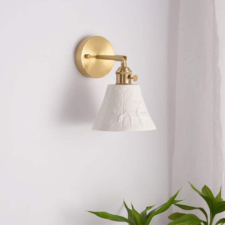 Modern Mid-Century Brass &amp; Ceramic Round Elk-Print 1-Light Wall Sconce Lamp For Bedroom &amp; Living Room