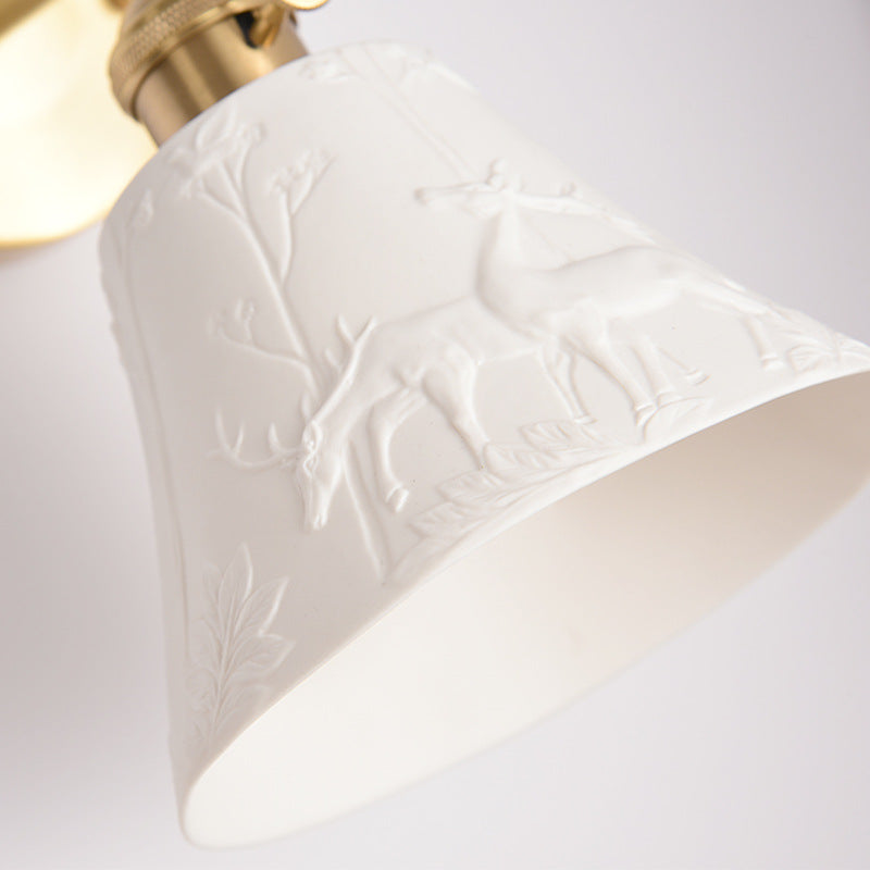 Modern Mid-Century Brass & Ceramic Round Elk-Print 1-Light Wall Sconce Lamp For Bedroom & Living Room