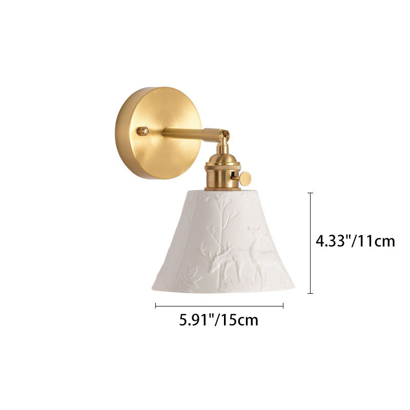 Modern Mid-Century Brass &amp; Ceramic Round Elk-Print 1-Light Wall Sconce Lamp For Bedroom &amp; Living Room