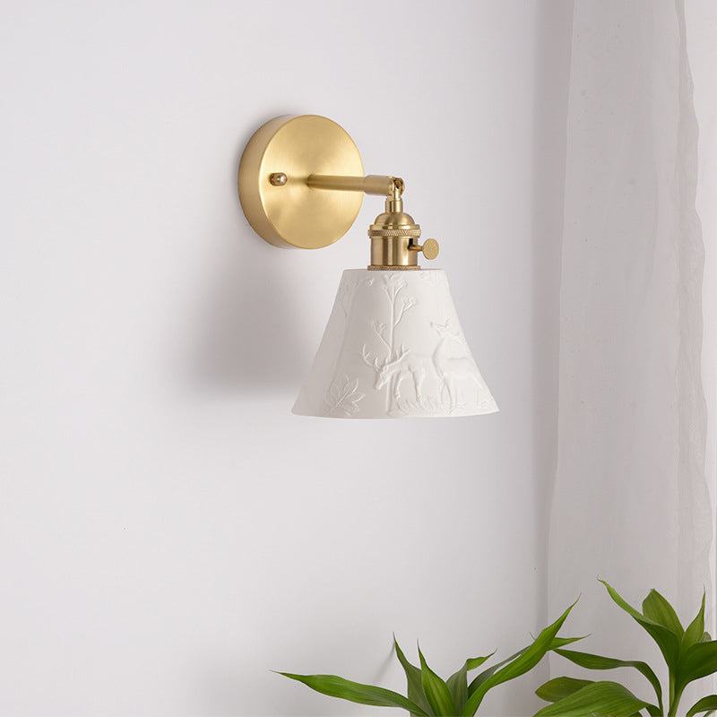 Modern Mid-Century Brass &amp; Ceramic Round Elk-Print 1-Light Wall Sconce Lamp For Bedroom &amp; Living Room