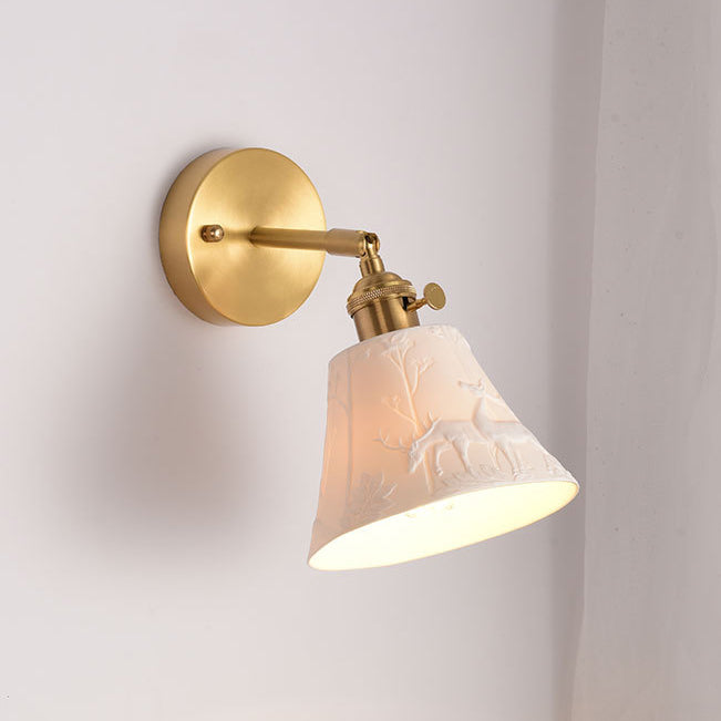 Modern Mid-Century Brass & Ceramic Round Elk-Print 1-Light Wall Sconce Lamp For Bedroom & Living Room