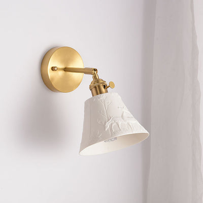 Modern Mid-Century Brass & Ceramic Round Elk-Print 1-Light Wall Sconce Lamp For Bedroom & Living Room