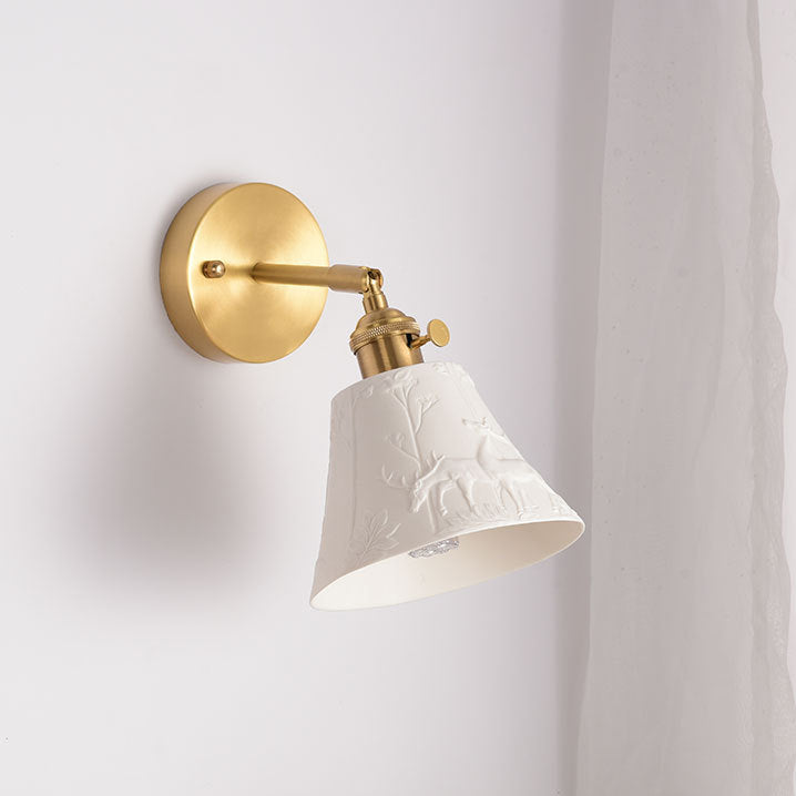 Modern Mid-Century Brass & Ceramic Round Elk-Print 1-Light Wall Sconce Lamp For Bedroom & Living Room