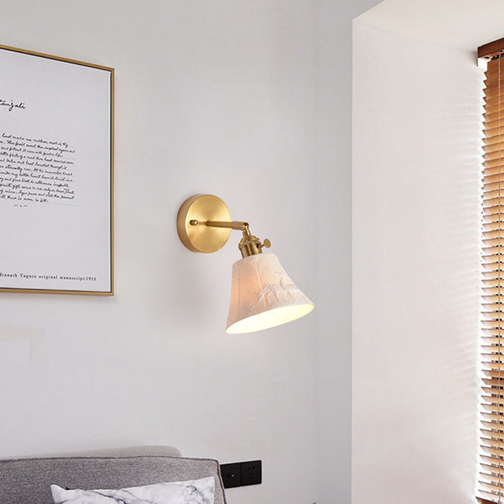Modern Mid-Century Brass &amp; Ceramic Round Elk-Print 1-Light Wall Sconce Lamp For Bedroom &amp; Living Room
