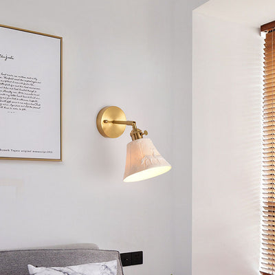 Modern Mid-Century Brass & Ceramic Round Elk-Print 1-Light Wall Sconce Lamp For Bedroom & Living Room