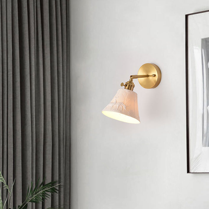 Modern Mid-Century Brass &amp; Ceramic Round Elk-Print 1-Light Wall Sconce Lamp For Bedroom &amp; Living Room