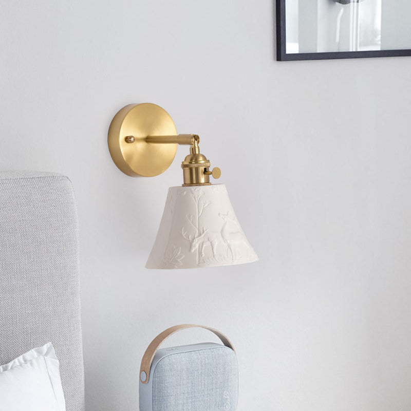 Modern Mid-Century Brass &amp; Ceramic Round Elk-Print 1-Light Wall Sconce Lamp For Bedroom &amp; Living Room