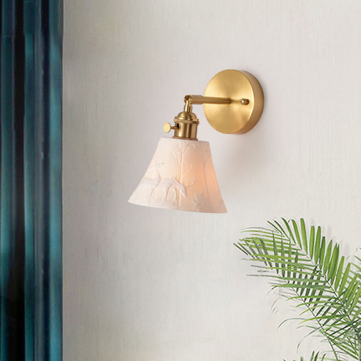 Modern Mid-Century Brass &amp; Ceramic Round Elk-Print 1-Light Wall Sconce Lamp For Bedroom &amp; Living Room
