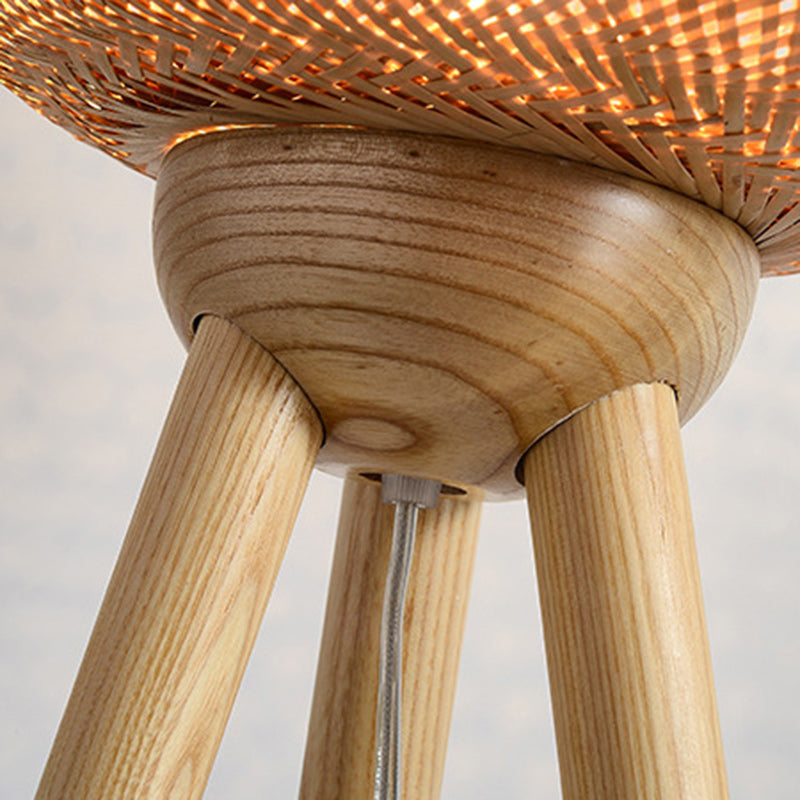 Traditional Japanese Bamboo & Wood Tripod Base Irregular Round 1-Light Standing Floor Lamp For Bedroom & Living Room