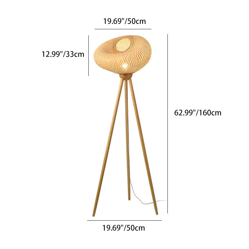 Lampe de sol traditionnelle japonaise en bambou et bois avec base de trépied irrégulière ronde à 1 lumière pour chambre et salon 