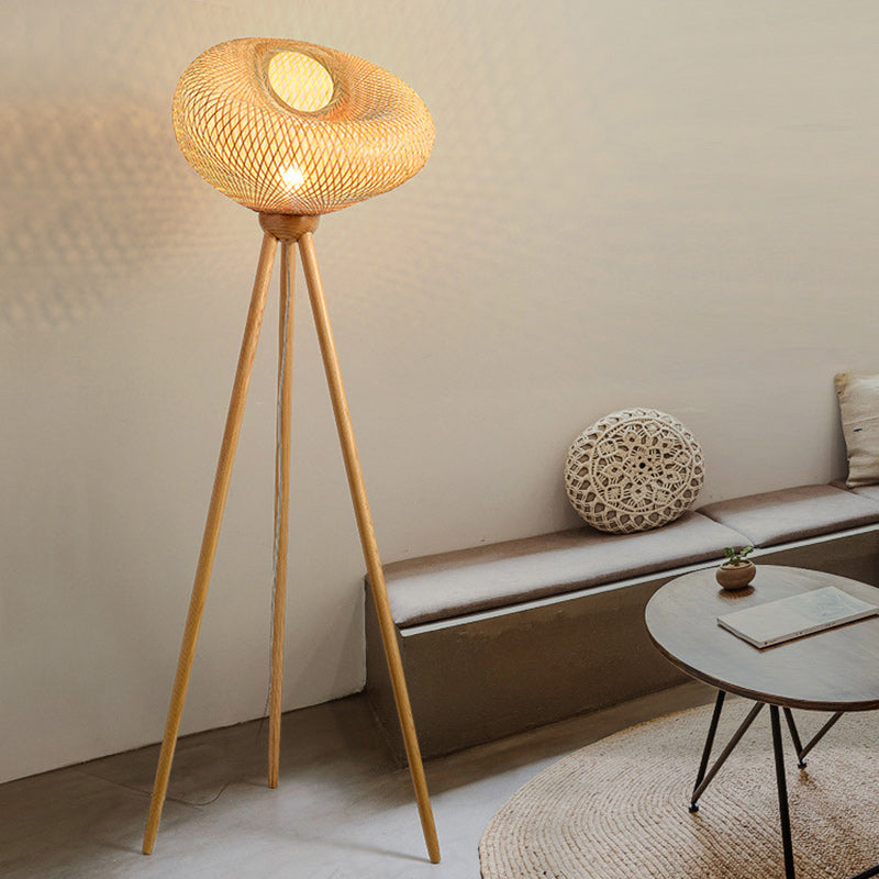 Lampe de sol traditionnelle japonaise en bambou et bois avec base de trépied irrégulière ronde à 1 lumière pour chambre et salon 