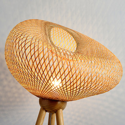 Traditional Japanese Bamboo & Wood Tripod Base Irregular Round 1-Light Standing Floor Lamp For Bedroom & Living Room