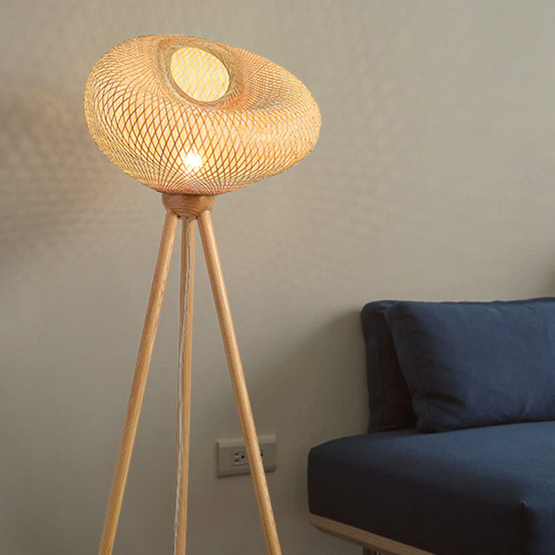 Lampe de sol traditionnelle japonaise en bambou et bois avec base de trépied irrégulière ronde à 1 lumière pour chambre et salon 