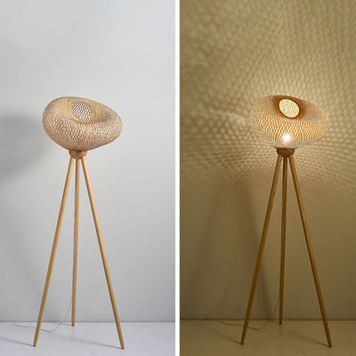 Traditional Japanese Bamboo & Wood Tripod Base Irregular Round 1-Light Standing Floor Lamp For Bedroom & Living Room