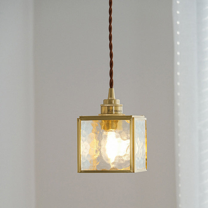 Traditional Japanese Iron & Glass Brass Cube 1-Light Pendant Light For Bedroom & Living Room