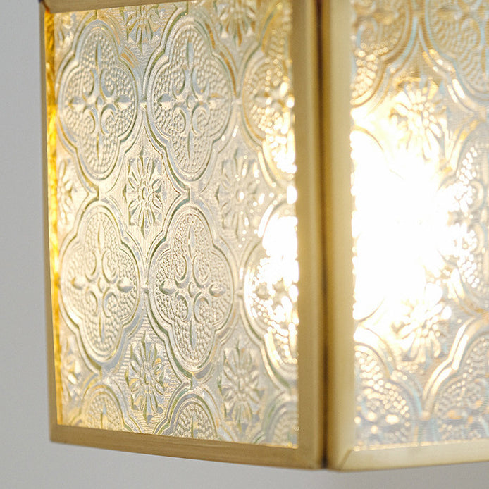 Traditional Japanese Iron & Glass Brass Cube 1-Light Pendant Light For Bedroom & Living Room