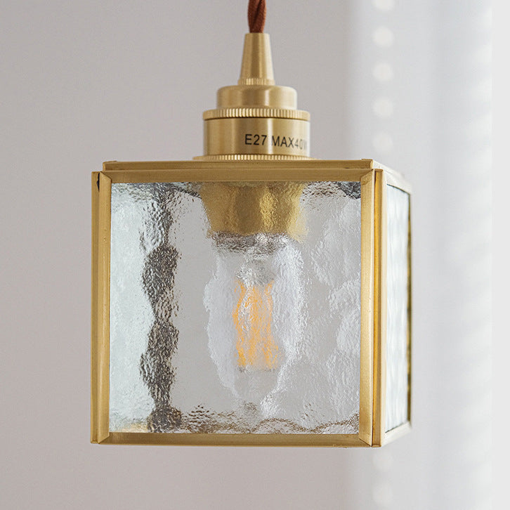 Traditional Japanese Iron & Glass Brass Cube 1-Light Pendant Light For Bedroom & Living Room