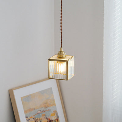 Traditional Japanese Iron & Glass Brass Cube 1-Light Pendant Light For Bedroom & Living Room