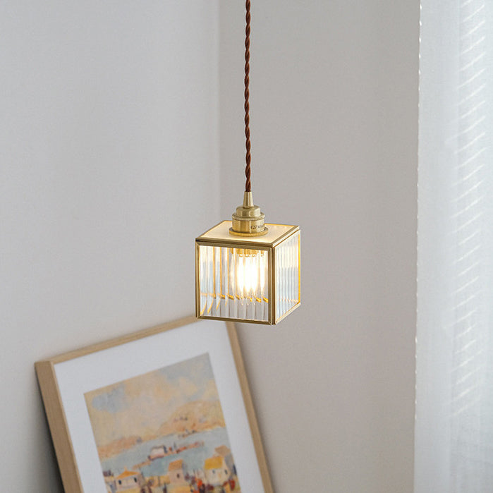 Traditional Japanese Iron & Glass Brass Cube 1-Light Pendant Light For Bedroom & Living Room