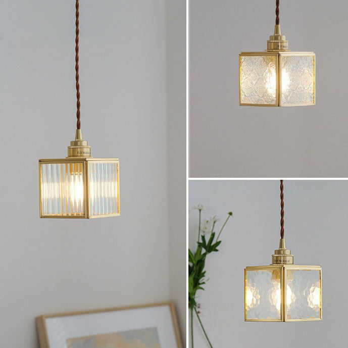 Traditional Japanese Iron & Glass Brass Cube 1-Light Pendant Light For Bedroom & Living Room