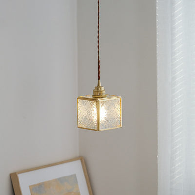 Traditional Japanese Iron & Glass Brass Cube 1-Light Pendant Light For Bedroom & Living Room