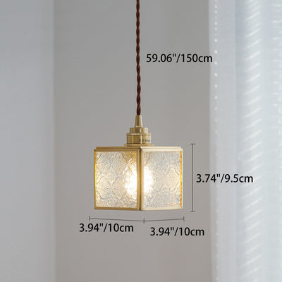 Traditional Japanese Iron & Glass Brass Cube 1-Light Pendant Light For Bedroom & Living Room