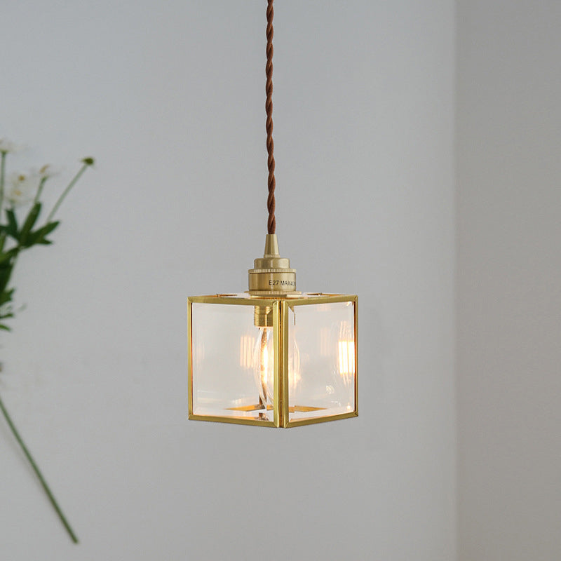Traditional Japanese Iron & Glass Brass Cube 1-Light Pendant Light For Bedroom & Living Room