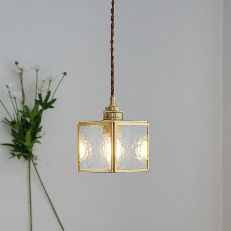 Traditional Japanese Iron & Glass Brass Cube 1-Light Pendant Light For Bedroom & Living Room