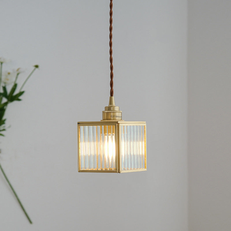 Traditional Japanese Iron & Glass Brass Cube 1-Light Pendant Light For Bedroom & Living Room