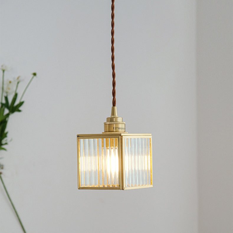 Traditional Japanese Iron & Glass Brass Cube 1-Light Pendant Light For Bedroom & Living Room