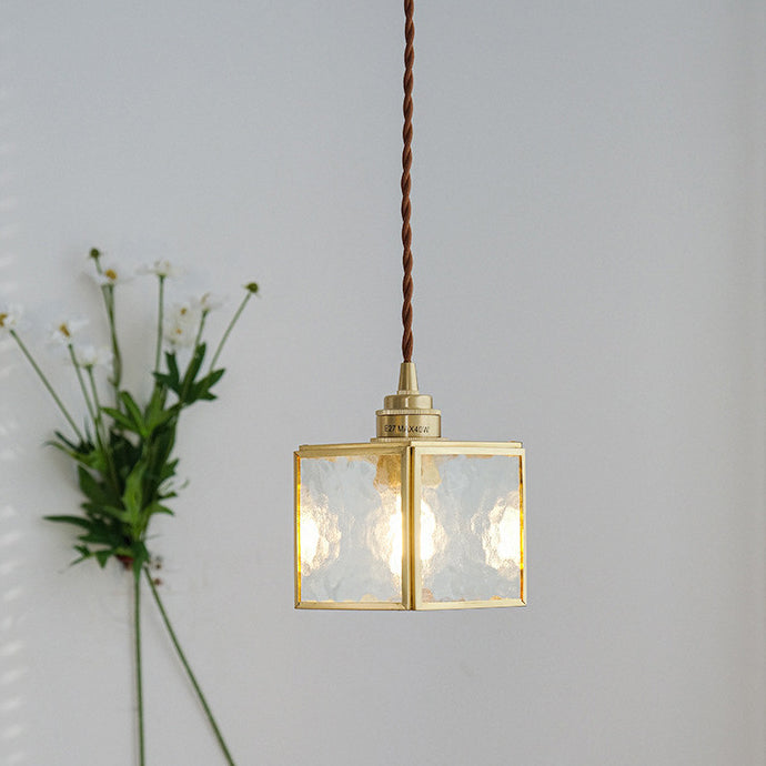 Traditional Japanese Iron & Glass Brass Cube 1-Light Pendant Light For Bedroom & Living Room